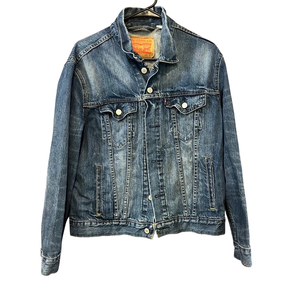 Levi's Denim Trucker Jacket Mens Distressed Blue Jean Small Classic button‎ y2k